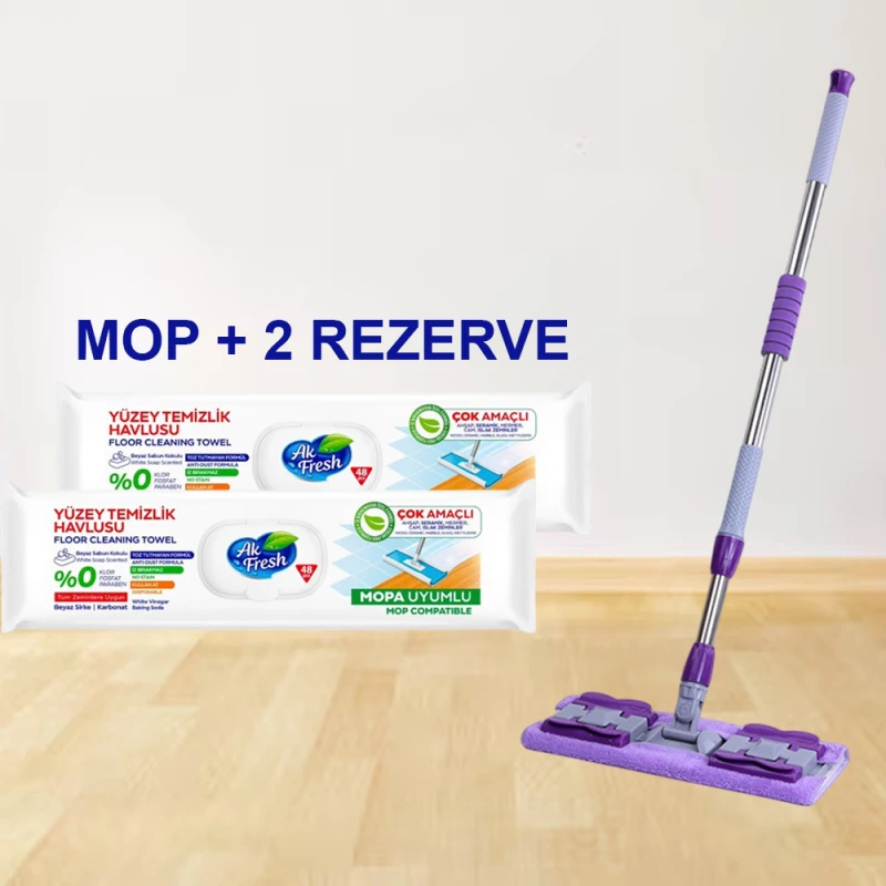 Pachet promo Mop plat coada telescopica + 2 Pachete Lavete umede pardoseli sapun alb si bicarbonat AK Fresh 48buc
